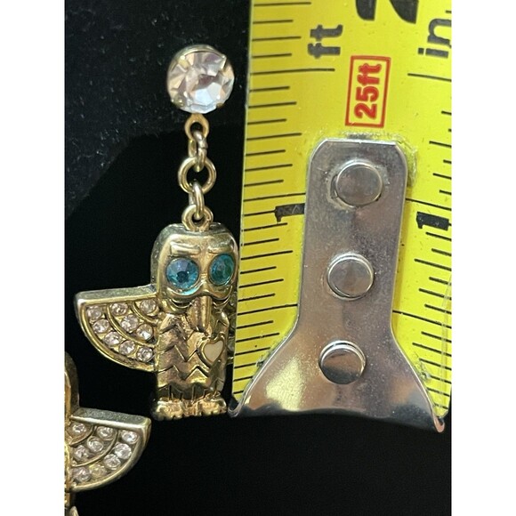 Gold Tone Owl Dangle Earrings Blue Rhinestone Eyes Enamel Heart Pierced - Picture 4 of 5